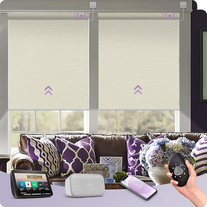 Graywind Smart Blackout Roller Shades Compatible with Alexa Google WiFi Hardwired Textured Gleaming Fabric Motorized Blinds Remote Window Shades, Custom Size (Striped Beige)
