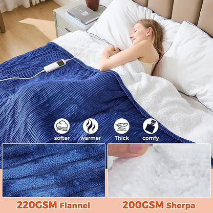 Electric Blanket Queen, 84"x90" Heated Blanket with Dual Control, Over-Heat Protection, 10 Heating Levels &1-8 Hour 5 Time Settings, Auto-Off, Flannel & Sherpa Blanket Fast Heating, ETL Certification