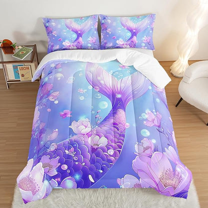 Pretty Mermaid Comforter King for Girls Kids, Mermaid Fish Scale Floral Pattern Bedding for Girls Bedroom Decor, Ocean Themed Comforter Bedding Set with 2 Pillowcases