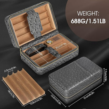 Scotte Cigar Humidor Box, Cigar Lighter Cedar Wood Lined Leather Cigar Case Built in Hygrometer & Humidifier, Torch Lighter with Cigar Holder Cigar Punch Portable Travel Cigar Humidor Kit (Grey)