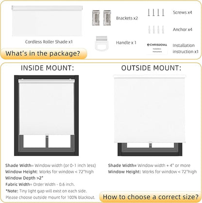 ChrisDowa Cordless Blackout Roller Shades for Windows, Thermal Insulated UV Protection Pull Down Shades, Total Blackout Window Blinds for Home, Office, Bedroom, Door (44" W x 72" H, White)