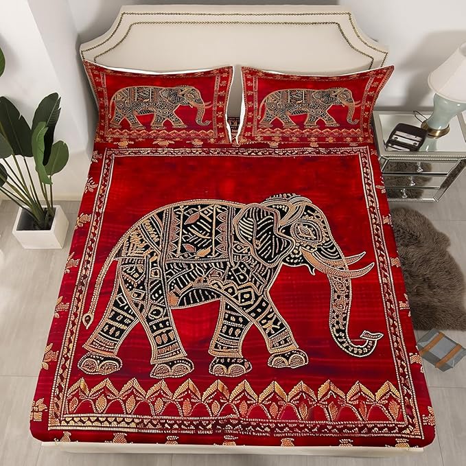 Indian Elephant Kids Sheet Queen Size,Native American Indian Exotic Bedding Set,Boys Girls Room Decor,Psychedelic Bohemia Retro Red Trippy Boho Bed Sheet Set 4pcs(Fitted + Flat + 2 Pillowcases)