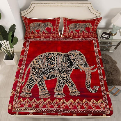 Indian Elephant Kids Sheet Queen Size,Native American Indian Exotic Bedding Set,Boys Girls Room Decor,Psychedelic Bohemia Retro Red Trippy Boho Bed Sheet Set 4pcs(Fitted + Flat + 2 Pillowcases)