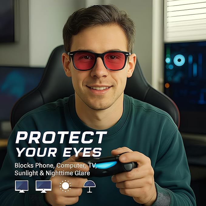Blue Light Blocking Glasses with Red Lenses – Strong Protection for Sleep, Gaming, Computer & Screen Use – Black Frame Night Glasses for Men Women, Anti Eye Strain & Improve Sleep Quality