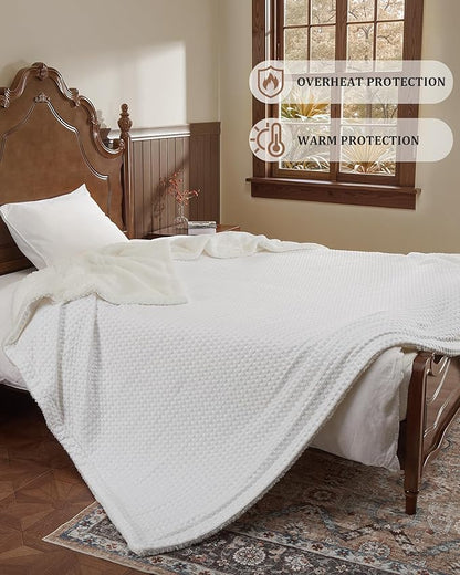 CAROMIO Heated Blanket Full Size, Waffle Weave Electric Blanket Throw with LCD Controller, Fast Heating, 10 Heat Levels & 1-12H Time Settings, ETL Certified, Machine Washable, Off White, 72" x 84"
