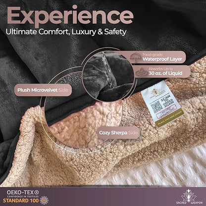 Sacred Weapon Waterproof Blanket for Bed – Mini Sherpa & Fleece Throw – Water Proof Blanket for Couch Cover & Mattress Protector Absorbent Washable Spill Proof – Travel Blankets (Black, 40"x 45")