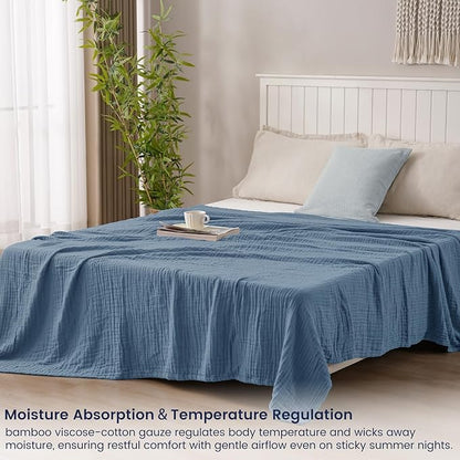 PHF Cooling Muslin Queen Blanket for Hot Sleepers, 60% Viscose from Bamboo, 40% Cotton and 4-Layer Breathable Gauze Blanket for Bed Couch, 90"x90", Prussian Blue