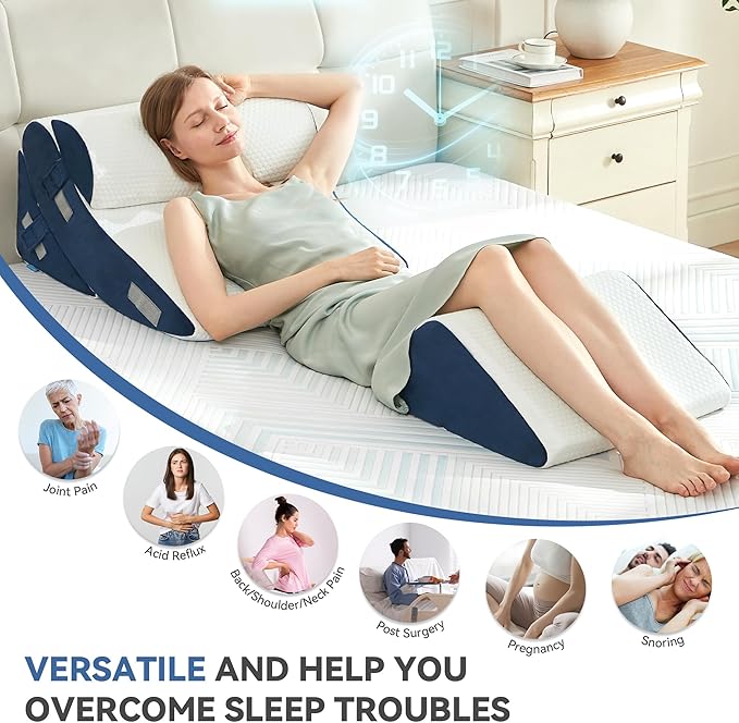 BDEUS 4PCS Orthopedic Bed Wedge Pillow Set for Sleeping, Post Surgery Foam Support Pillows for Back, Neck and Leg Pain Relief, Adjustable Triangle Pillow – Acid Reflux, GERD & Snoring Recovery