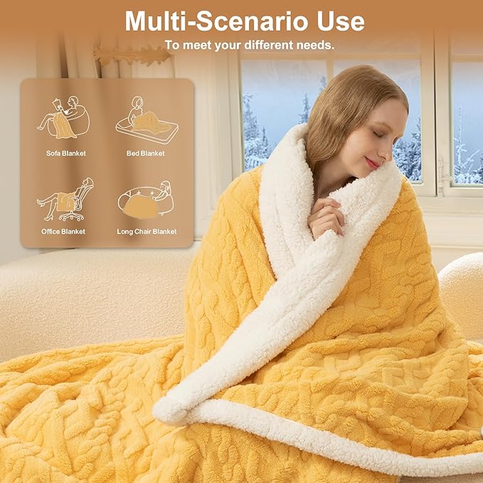 Electric Blanket Queen Size 84"X90" Yellow - Soft Thick Warm Sherpa Heated Blanket for Winter with Dual Control, 5 Heating Levels & 10hrs Auto Off for Women, Overheat Protection for Bed
