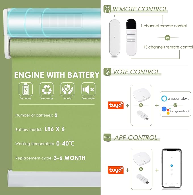Allesin Motorized Roller Shade Work with Alexa for Window, 100% Blackout Smart Shades Cordless with Remote Control, Electric Automated Blinds for Window, Customized Size for Smart Home (Grass Green)