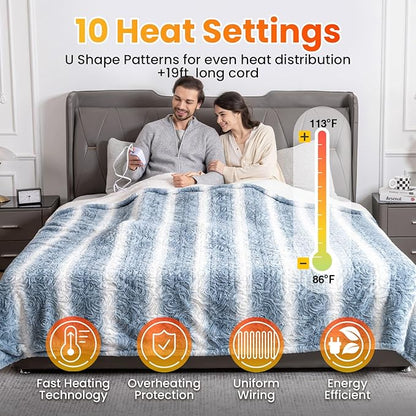 WOOMER Heated Blanket Full Size 77" x 84", Electric Blanket with a Control, 0.5-12 Hours Timer & 10 Heating Levels, ETL Certified, Blue White Flowers Patterns Faux Fur & Sherpa, Machine Washable