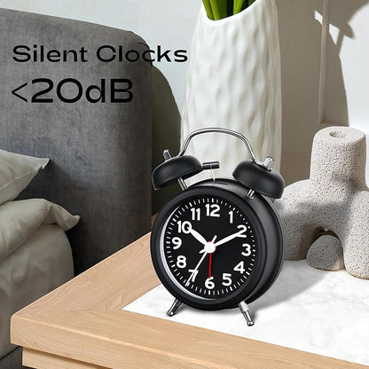 AKCISOT Loud Alarm Clock for Heavy Deep Sleepers,3 Inches Analog Metal Twin Bell Clocks Battery Operated with Backlight for Bedroom Bseide, Old Fashioned for Desk Home Decoration (Black)