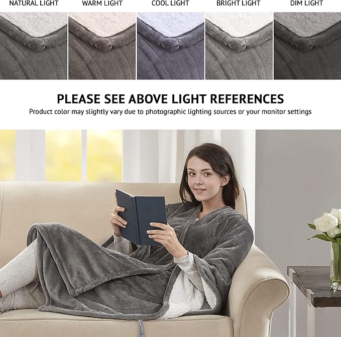 Beautyrest Wearable Electric Poncho Wrap Blanket, Ultra Soft Sherpa & Berber Fleece Heated Throw with Low EMF,UL Certified & OEKO-TEX,3 Heat Settings & 2 Hour Auto Shutoff, Gift-Ready, 50" x 64",Grey