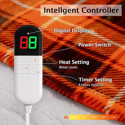 Electric Heated Blanket 84"x90",Fast Heating Queen with 8 Hours Auto Off/8 Heats Levels,Soft Orange Plaid Sherpa Electric Blanket with ETL Certification & Over-Heat Protection