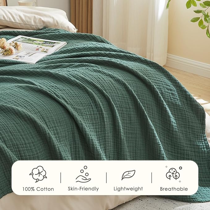 EMME Cotton Muslin King Blanket Bed Layering Breathable Gauze Blanket Soft Lightweight Blankets Adults (Forest Green, 108"x90")