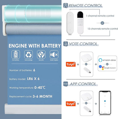 Allesin Motorized Roller Shade Work with Alexa for Window, 100% Blackout Smart Shades Cordless with Remote Control, Electric Automated Blinds for Window, Customized Size for Smart Home (Sea Blue)