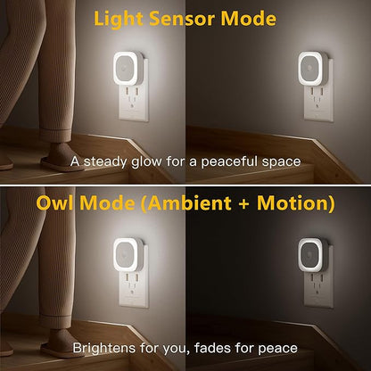 2 Pack Plug in Night Light with Motion Sensor & Dusk to Dawn Sensor, 3 Sensor Modes, Night Lights Plug into Wall, Auto ON/Off, Dimmable Nightlight for Bathroom, Stairs, Kitchen, Cool White