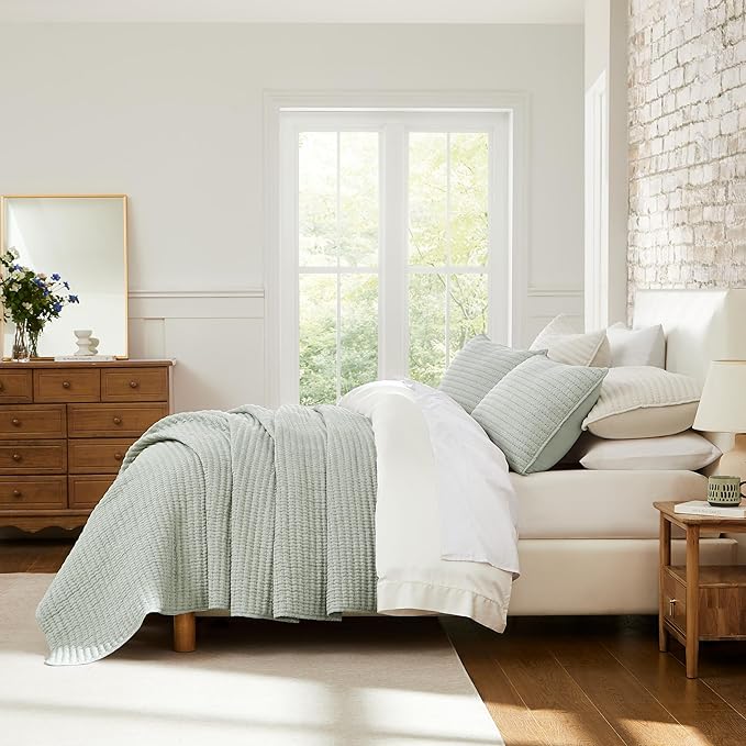 WDCOZY Sage Green Pick Stitch Twin Size Quilt Set, Striped Lightweight Soft Summer Spring Bedspread, Bamboo Linen Like Textured Coverlet, Chambray Farmhouse Country Rustic Thin Bedding Comforter