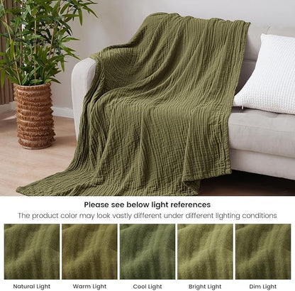 PHF Cooling Muslin Throw Blanket for Hot Sleepers, 60% Viscose from Bamboo, 40% Cotton and 4-Layer Breathable Gauze Blanket for Bed Couch, 50"x60", Olive Green