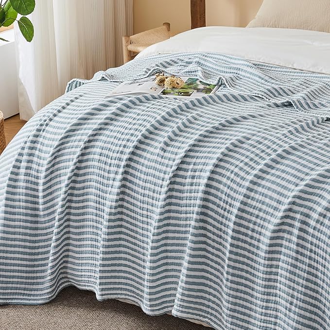 EMME Cotton Muslin Large Throw Blanket Couch Breathable Gauze Soft Lightweight Bed Blankets Adults (Striped Teal, 50"x70")