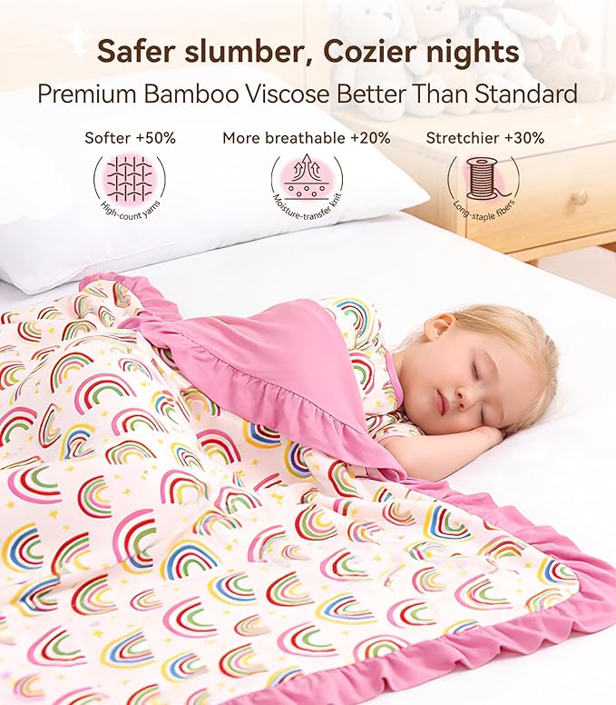 Premium Baby Blankets, Soft Viscose from Bamboo Blanket for Girls, Nursery Crib Bedding Quilt for Newborn and Toddler, Ruffle Blanket Cooling for Hot Sleepers, 50''x50'' Rainbow