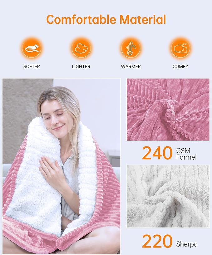 Electric Heated Blanket Throw, Heating Blanket Throw with 4 Timer Settings & 6 Heat Settings, Best Winter Gifts for Men and Women, White Elephant Gifts for Adults (50x60 Inch, Pink)