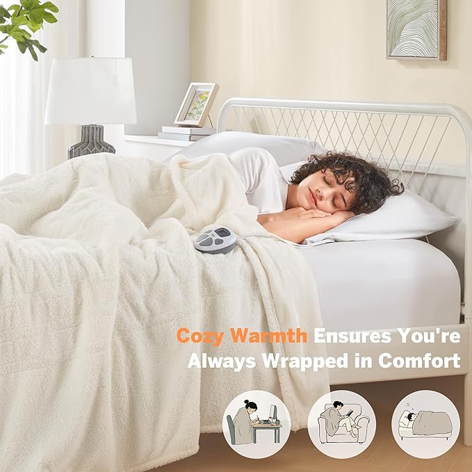 Serta Heated Blanket, Electric Twin Size Blanket, Soft, Warm, Fuzzy Heating Blanket Twin for Office, Couch, 1-12 hr Auto Shut Off Timer, 10 Lv Heat Setting, ETL Certified, Twin 62" x 84" Ivory