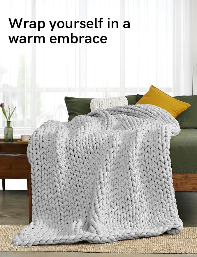 YnM Weighted Blanket, Handmade Chunky Yarn Knitted Design, Soft and Cozy, Temperature Regulating and Breathable, Machine Washable Throw for Sleep or Home Decor (Silver Grey, 80x87 Inch, 25lbs)