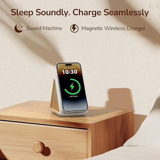Housbay Sound Machine with Magnetic Wireless Charger for iPhone, 2-in-1 Design for Clutter-Free Nightstand, Dual-Speaker Stereo Sound for Sleeping - Cream