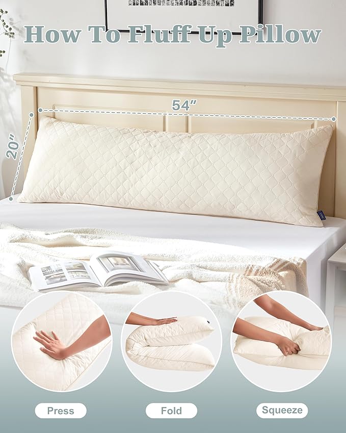 YZ HOME Long Body Pillow for Adults - Firm Body Pillow Insert with Shredded White Memory Foam, Adjustable Height, Soft Support for Side Sleeping, Pregnant Women, Washable (Beige, 20x54 Inch)