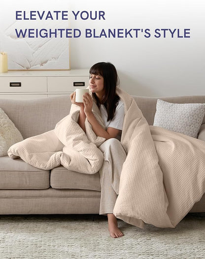 YnM Cotton Waffle Weave 3-Side Zipper Duvet Cover for Weighted Blankets | Easy on, Easy Off Oatmeal, 80"x87"