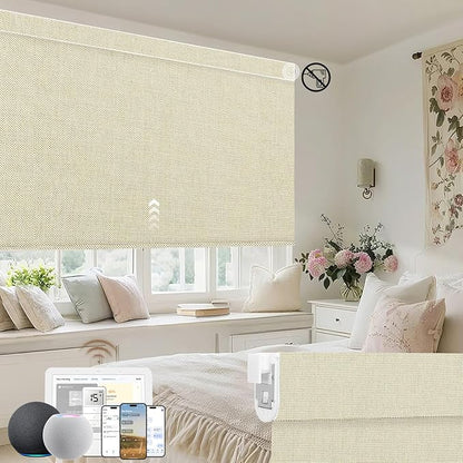 Kincmo No Drill Motorized Blinds with Remote, 100% Blackout Roller Shades for Windows, Custom Electric Blinds Compatible with Alexa, Apple Homekit, Google Home (100% Blackout Dual Sided Beige)