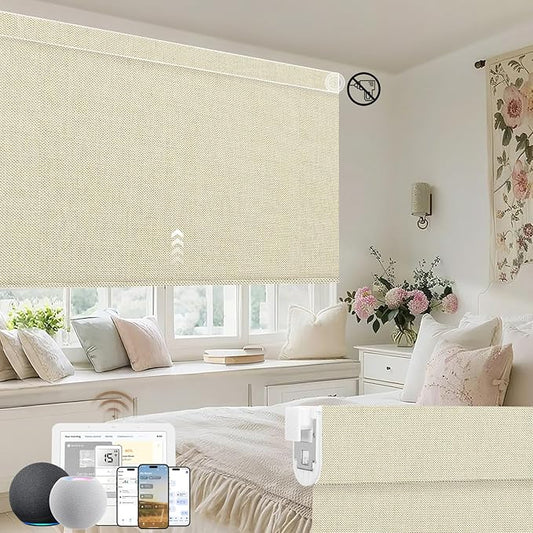 Kincmo No Drill Motorized Blinds with Remote, 100% Blackout Roller Shades for Windows, Custom Electric Blinds Compatible with Alexa, Apple Homekit, Google Home (100% Blackout Dual Sided Beige)
