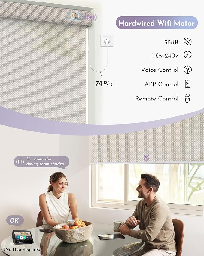 Graywind Motorized Roller Shades Compatible with Alexa Google Hardwired WiFi Smart Light Filtering Blind Remote Automated Blinds Electric Window Shade, Custom Size (3% Openness Beige)