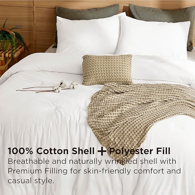 Bedsure 5 Pieces Cotton Comforter Set with Cotton Waffle Throw Blanket - White Comforter King Size, Pillow Shams, Taupe Cooling Blanket of Rayon Derived from Bamboo for Hot Sleepers, Throw Pillow