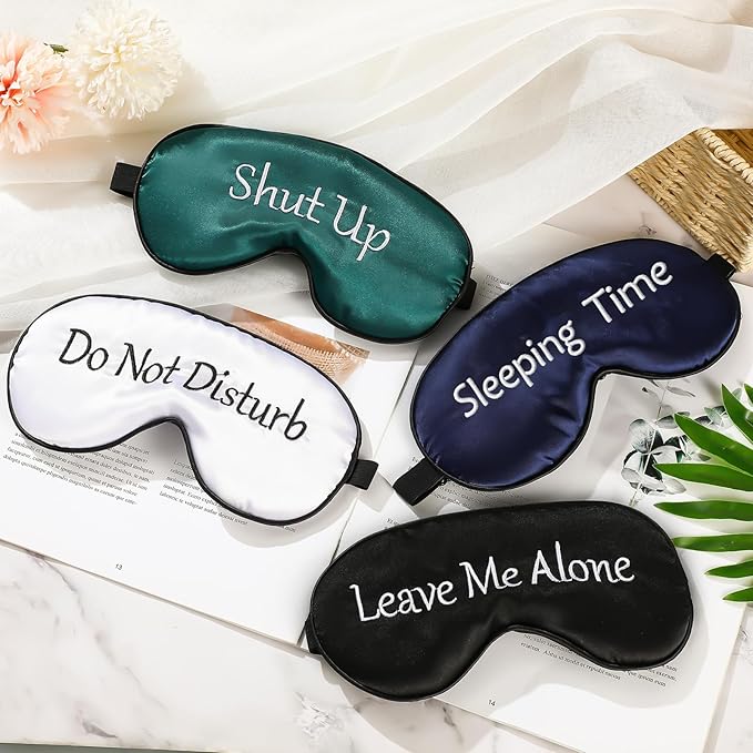 Geyoga 4 Pieces Funny Eye Mask for Sleep Soft Satin Blocking Blindfold with Adjustable Strap Silk Eye Cover Out Lights Travel for Women Men Travel, Nap, Meditation (Black, Ink Green, Navy Blue, White)
