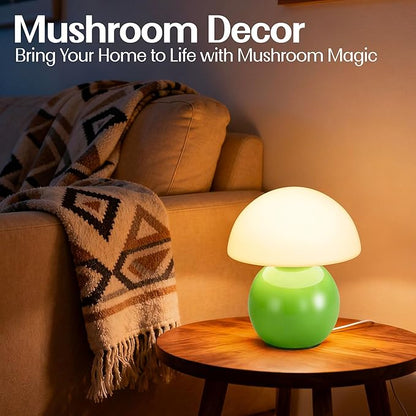 Small Mushroom Lamp,USB-Plug in Bedside Table Lamps with 3-Temperature LED Bulb Dimmable,Unique Cute Aesthetic Home Decor for Living Room,Bedroom, Modern Ceramic Base Glass Lamp(Green)