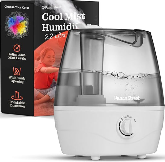 Cool Mist Humidifier - 2.2L Water Tank, for Bedroom, Baby, Quiet Ultrasonic Air Vaporizer, Adjustable Mist Level, 360 Nozzle Rotation, Auto-Shut Off, Large Area Humidifiers Easy Fill and Clean (Grey)
