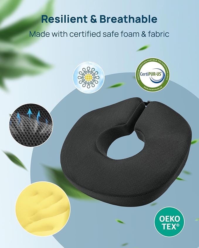 Feagar Donut Pillow for Tailbone Pain Relief - Hemorrhoid Pillow with Memory Foam for Coccyx, Sciatica, Pressure Sores, Office Chair Cushion for Pregnancy, Postpartum & Surgery Recovery(Black)
