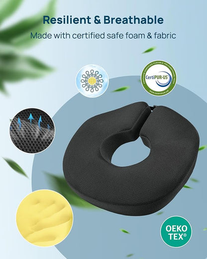 Feagar Donut Pillow for Tailbone Pain Relief - Hemorrhoid Pillow with Memory Foam for Coccyx, Sciatica, Pressure Sores, Office Chair Cushion for Pregnancy, Postpartum & Surgery Recovery(Black)