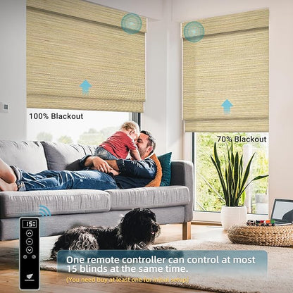 SmartWings Motorized Natural Woven Wood Shades Work with Matter Thread Homekit Z-Wave Alexa Google, 50%/70%/100% Blackout Electric Auto Roman Shades Cordless Remote Control Customized, Bamboo 019