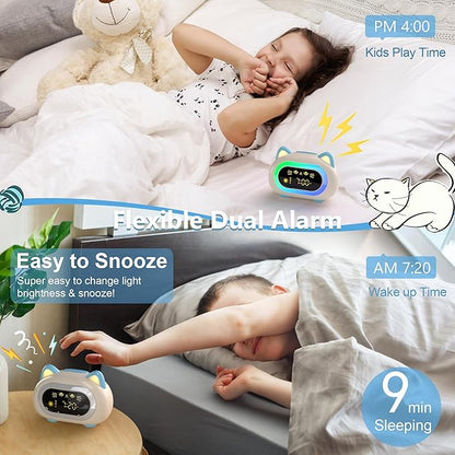 BC-YD-03W-002ds Bedrooms, Kids Alarm Clock with Dual Alarm Snooze Mode 10 Color Night Light Sleep Training Eye Protection Auto Off Timer Blue Cat, Gifts for Kids Girls Boys Teens