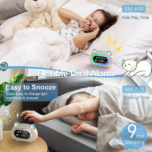 BC-YD-03W-002ds Bedrooms, Kids Alarm Clock with Dual Alarm Snooze Mode 10 Color Night Light Sleep Training Eye Protection Auto Off Timer Blue Cat, Gifts for Kids Girls Boys Teens