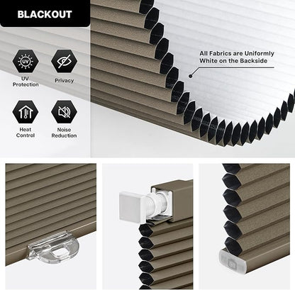 LazBlinds Cordless Cellular Shades, No Tools No Drill Blackout Honeycomb Shades Pleated Blinds for Windows, 46" W x 64" H, Dark Coffee