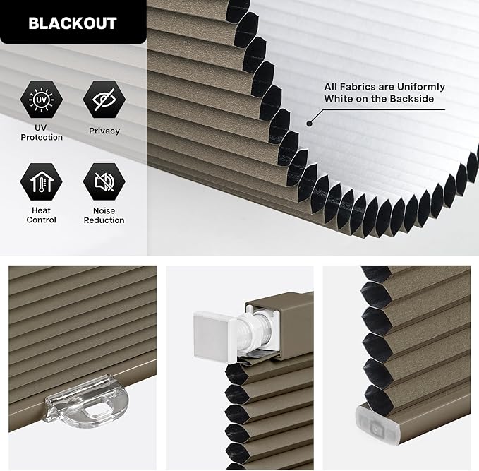 LazBlinds Cordless Cellular Shades, No Tools No Drill Blackout Honeycomb Shades Pleated Blinds for Windows, 33" W x 64" H, Dark Coffee