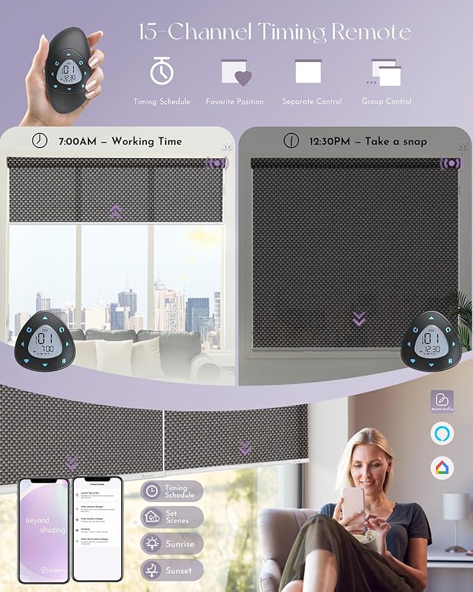 Graywind Motorized Roller Shades Compatible with Alexa Google Hardwired WiFi Smart Light Filtering Blind Remote Automated Blinds Electric Window Shade, Custom Size (5% Openness Rock Black)