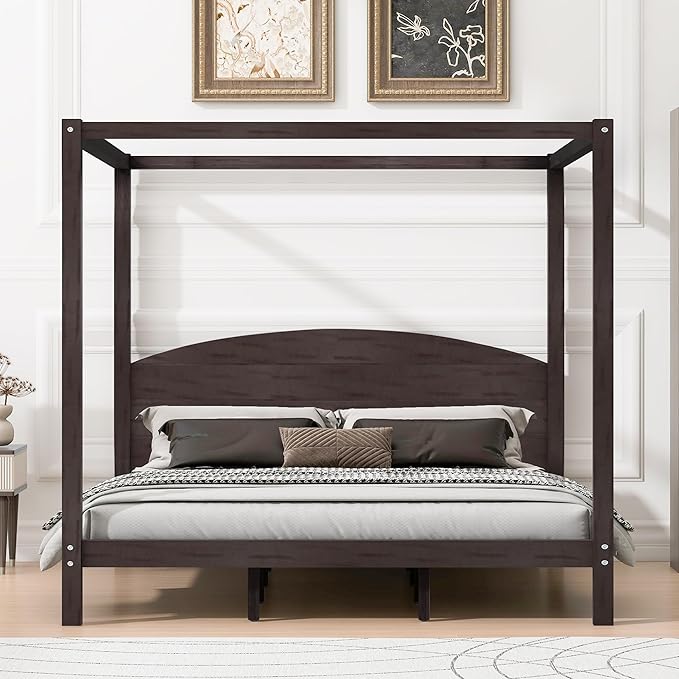 LUMISOL King Size Canopy Bed Frame with Headboard, Wood Platform Bed with Under Bed Storage, Four Poster Bed Frame with Slat Support Leg, No Box Spring Needed, Brown Wash