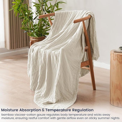 PHF Cooling Muslin Throw Blanket for Hot Sleepers, 60% Viscose from Bamboo, 40% Cotton and 4-Layer Breathable Gauze Blanket for Bed Couch, 50"x60", Oat Milk