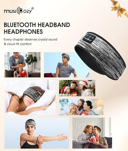 MUSICOZY Sleep Headphones Bluetooth 5.4 Headband, Wireless Earphones Music Sleep Earbuds Sleeping Eye Mask with HD Stereo Speakers for Workout Running Travel Yoga, Ideal Gifts (Stripped Gray)