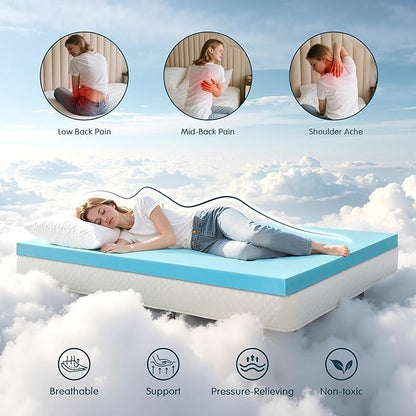 SyMax Memory Foam Mattress Topper, Gel Infused Foam Topper, Breathable Bed Topper, Pressure Relieving, CertiPUR-US Certified, 3 Inch, Twin XL Size
